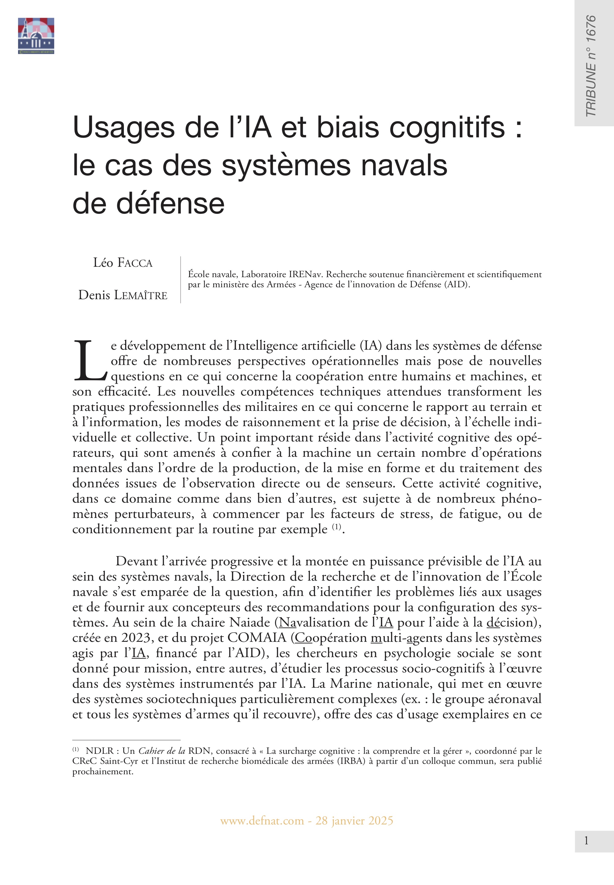 Usages de l’IA et biais cognitifs : le cas des systèmes navals de défense (T 1676)
